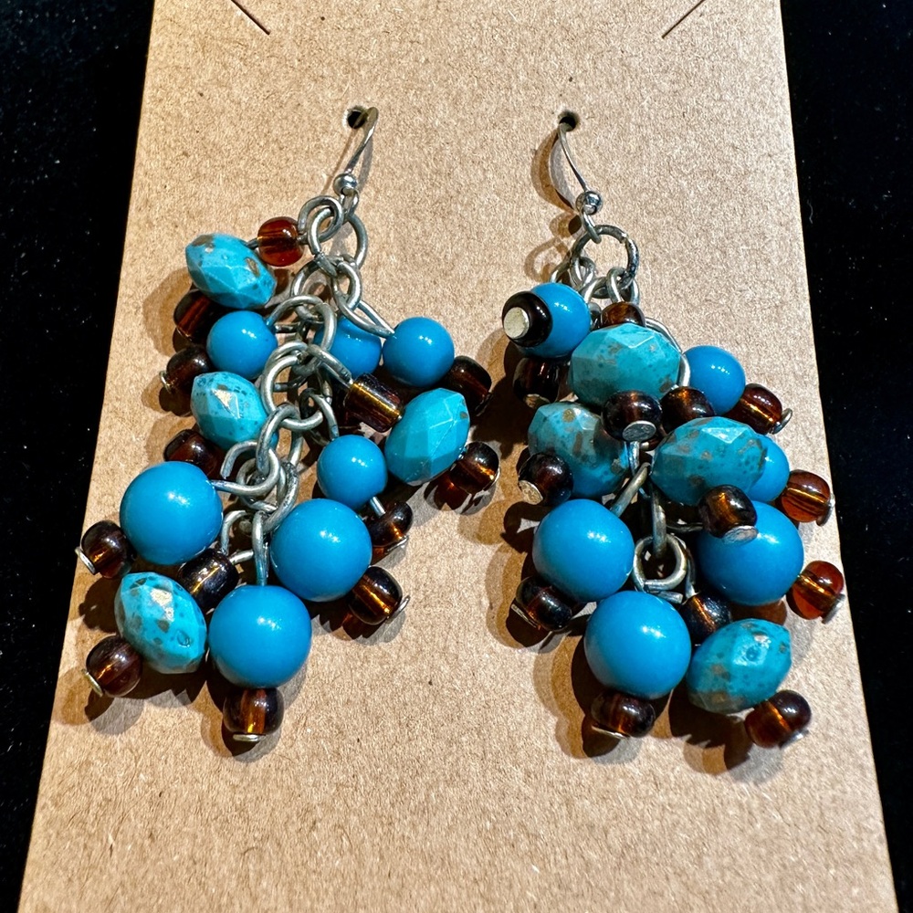 Turquoise Blue Beaded Cluster Dangle Earrings Silver Hook Boho Southwestern Boho - Picture 3 of 4